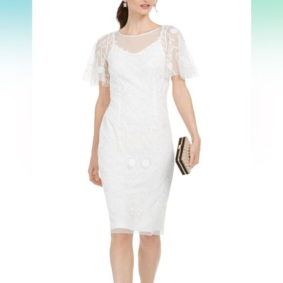 Adrianna Papell Beaded Illusion Boat Neck Short Flutter Sleeve Sheath Dress NWT - Picture 1 of 10